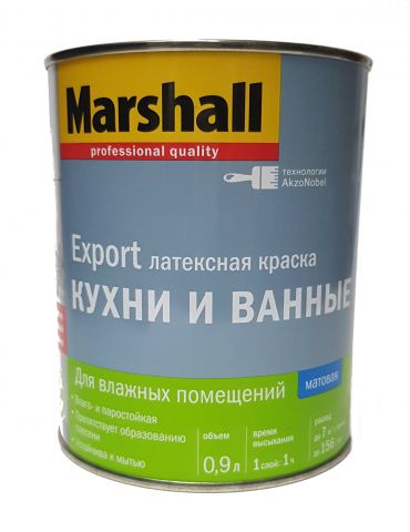 Краска MARSHALL Кухни и Ванные, латексная, для влажных помещений, матовая, база BW, 0,9л
