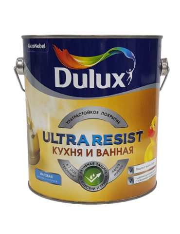 Краска DULUX ULTRA RESIST кухня и ванная, с защитой от плесени и грибка, матовая, база BW 2.5л